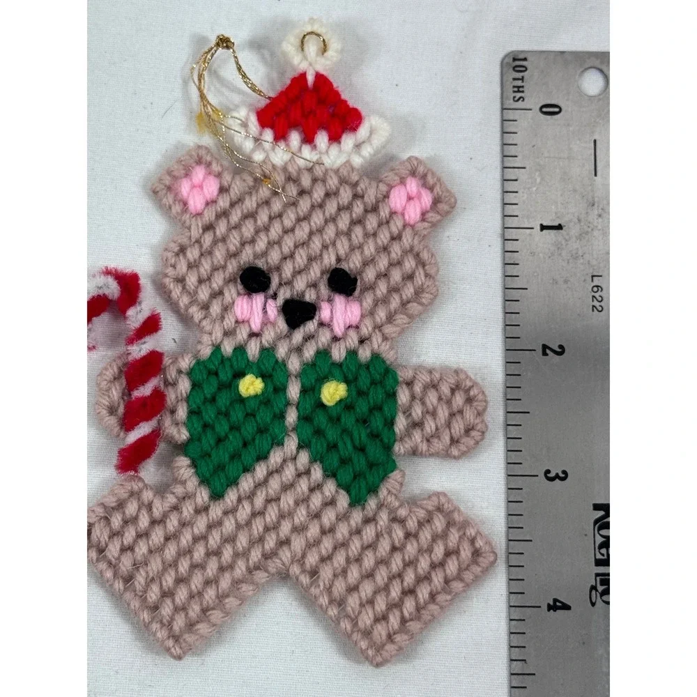Vintage Handmade Plastic Canvas Christmas Teddy Bear Ornament Santa Candy Cane